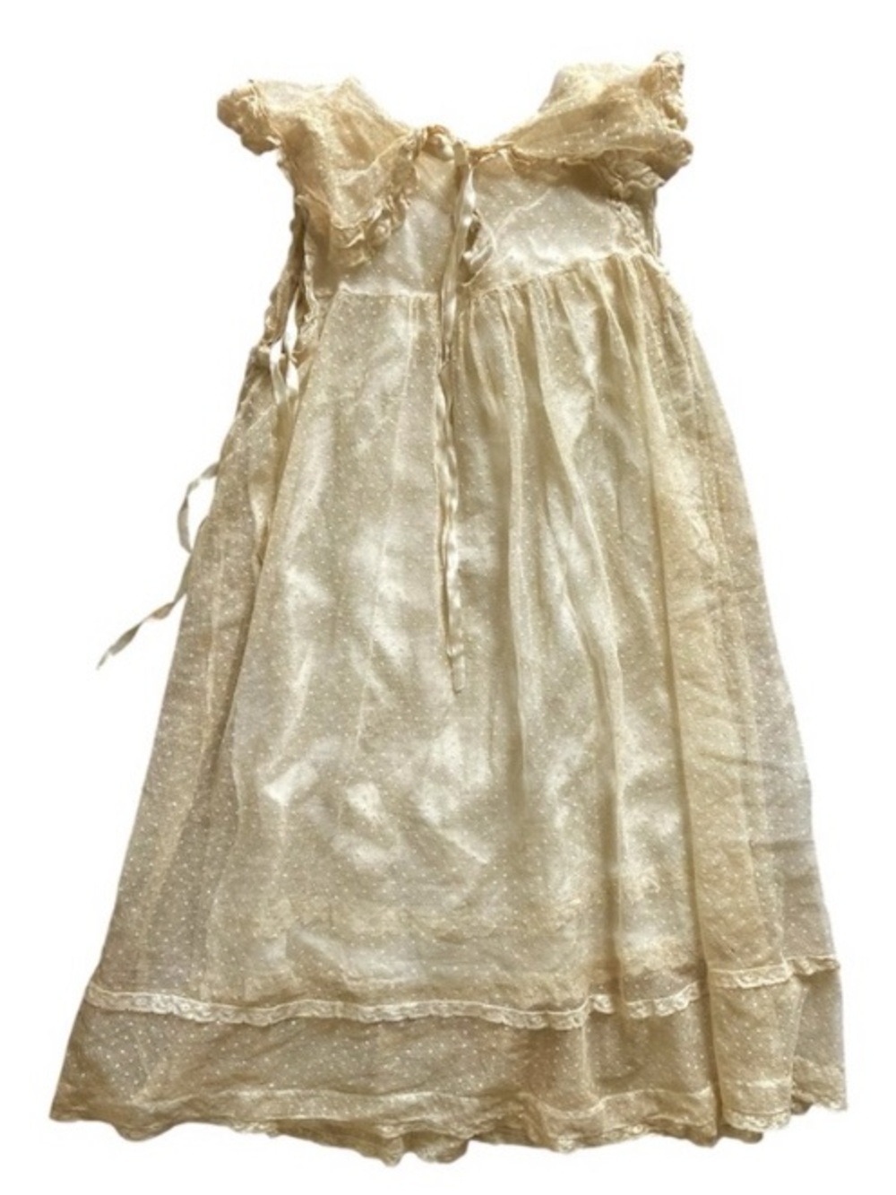 Vintage Gold Cream Lace Polka Dot Satin Ribbon Bow Confirmation Dress